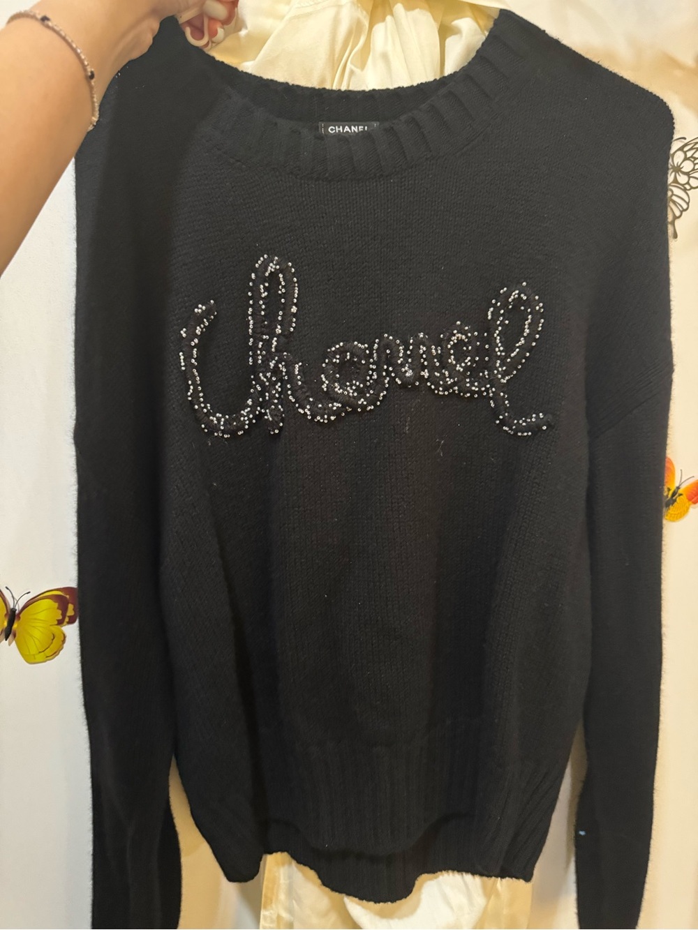 CHANEL Black Crewneck Sweater with Beaded Logo